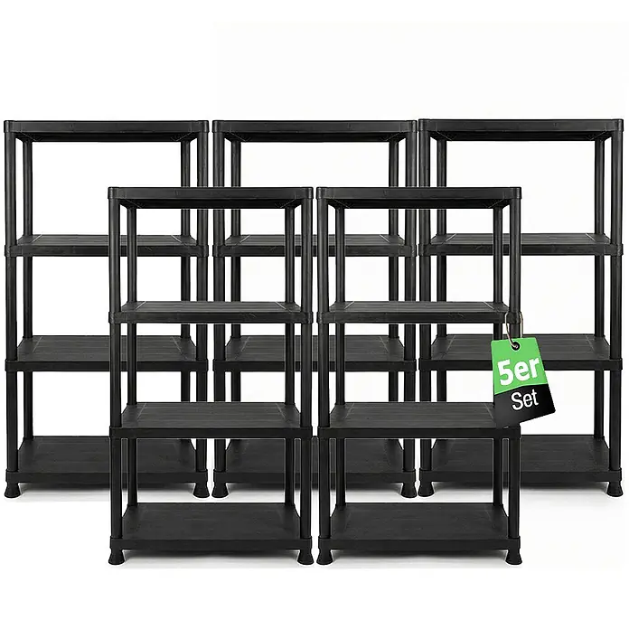 Ondis24 5x Steckregal 60 x 30 x 131 - H - Fünf schwarze modulare Kunststoffregale für vielseitige Aufbewahrung im Set.