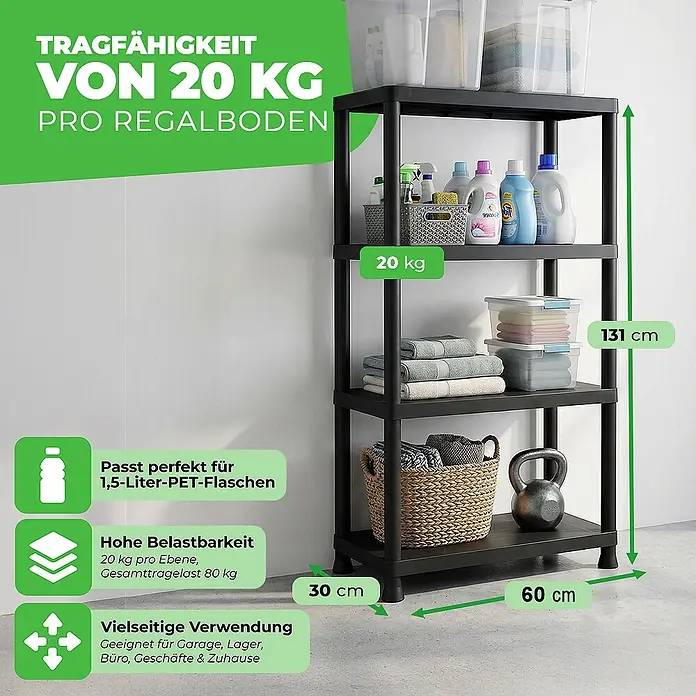 Ondis24 Kunststoffregal - H x B x T: 131 x 60 x 30 cm, Traglast pro Boden: 20 kg, Anzahl Böden: 4 Stk., Stecken, Anthrazit - Schwarzes Kunststoffregal mit 4 Ablagen, ideal für vielseitige Lagerung.