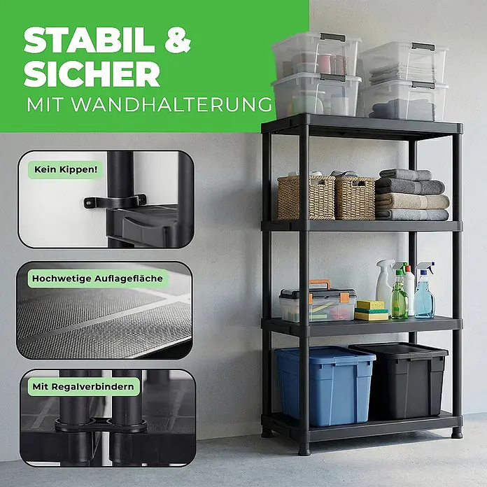Ondis24 Kunststoffregal - H x B x T: 131 x 60 x 30 cm, Traglast pro Boden: 20 kg, Anzahl Böden: 4 Stk., Stecken, Anthrazit - Fünfstufiges schwarzes Kunststoffregal, mit Wandhalterung, strukturierten Böden und Regalbinder für stabile Lagerung.