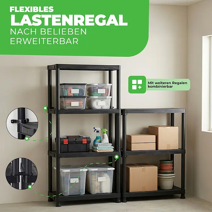 Ondis24 Kunststoffregal - H x B x T: 131 x 60 x 30 cm, Traglast pro Boden: 20 kg, Anzahl Böden: 4 Stk., Stecken, Anthrazit - Flexibles schwarzes Kunststoff-Steckregal, montiert und gefüllt mit Lagerboxen und Haushaltsartikeln.