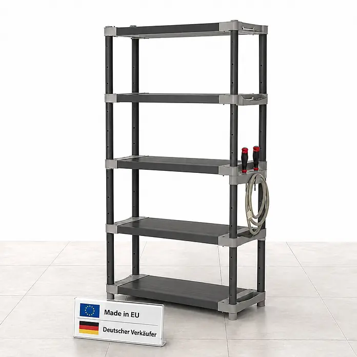 Ondis24 Kunststoffregal - H x B x T: 175 x 40 x 40 cm, Traglast pro Boden: 90 kg, Anzahl Böden: 5 Stk., Stecken, Anthrazit - Dunkelgraues Kunststoffregal mit fünf Ablagen und seitlichen Befestigungen für Werkzeuge und einen Schlauch.