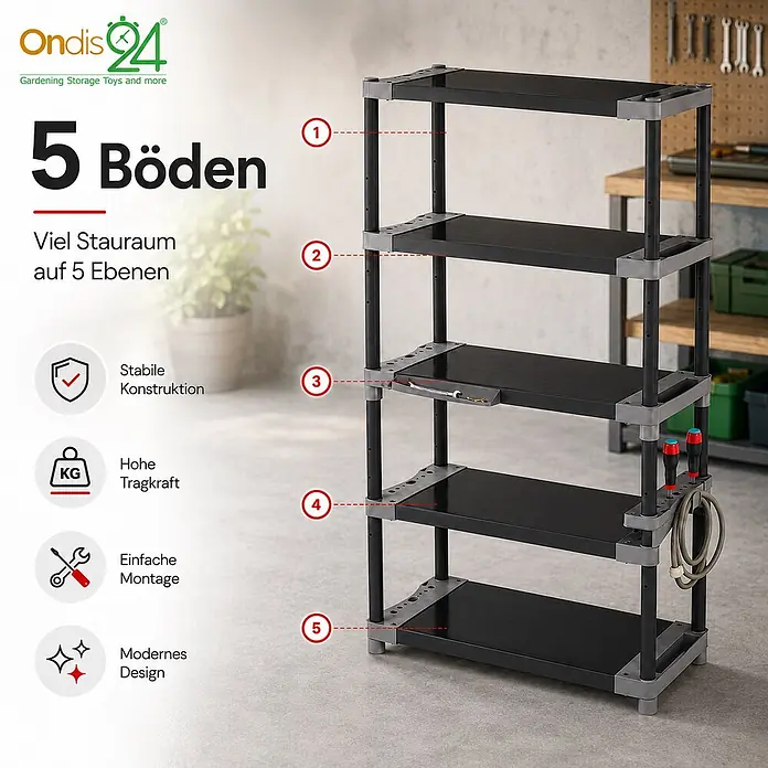 Ondis24 Kunststoffregal - H x B x T: 175 x 40 x 40 cm, Traglast pro Boden: 90 kg, Anzahl Böden: 5 Stk., Stecken, Anthrazit - Ein schwarzes und graues 5-Böden Lagerregal, ideal für Werkstätten, zeigt seine fünf Ebenen für viel Stauraum.