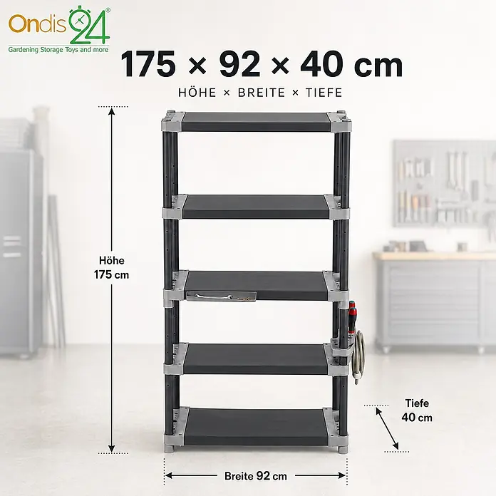 Ondis24 Kunststoffregal - H x B x T: 175 x 40 x 40 cm, Traglast pro Boden: 90 kg, Anzahl Böden: 5 Stk., Stecken, Anthrazit - Dunkelgraues Kunststoff-Regalsystem mit 5 Ablagen, Maße 175x92x40 cm.