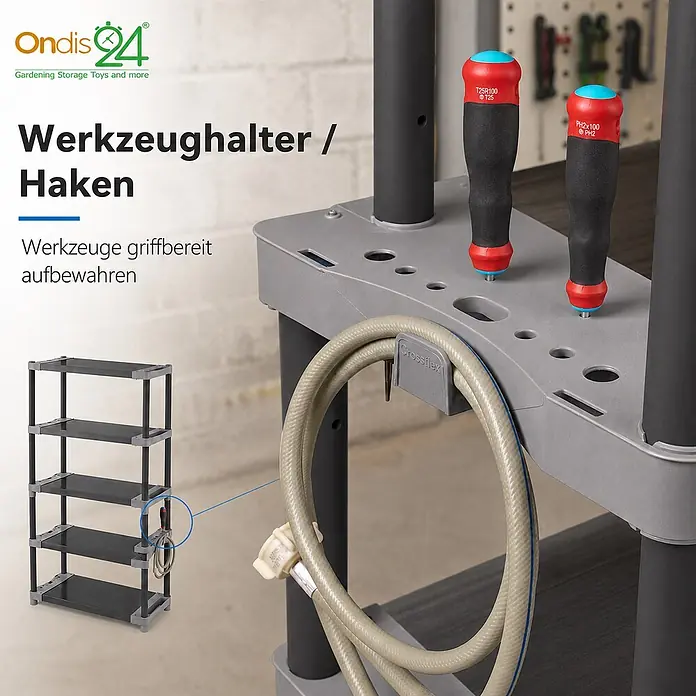 Ondis24 Kunststoffregal - H x B x T: 175 x 40 x 40 cm, Traglast pro Boden: 90 kg, Anzahl Böden: 5 Stk., Stecken, Anthrazit - Grauer modularer Werkzeughalter mit Haken, der Schraubendreher und einen Schlauch griffbereit aufbewahrt.