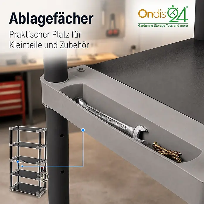 Ondis24 Kunststoffregal - H x B x T: 175 x 40 x 40 cm, Traglast pro Boden: 90 kg, Anzahl Böden: 5 Stk., Stecken, Anthrazit - Nahaufnahme eines grauen Ablagefachs aus Kunststoff an einem schwarzen Regal mit Werkzeug und Schrauben. Ein kleines Bild zeigt das ganze Regal.