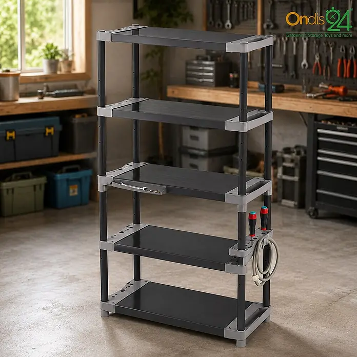 Ondis24 Kunststoffregal - H x B x T: 175 x 40 x 40 cm, Traglast pro Boden: 90 kg, Anzahl Böden: 5 Stk., Stecken, Anthrazit - Dunkelgraues modulares 5-Regal-Lagerregal mit hellgrauen Akzenten, für Werkstätten konzipiert. Inklusive Werkzeughalter.