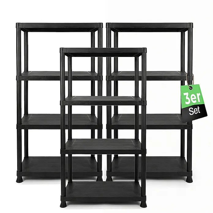 Ondis24 Kunststoffregal - Traglast pro Boden: 20 kg, Anzahl Böden: 4 Stk., Stecken, Anthrazit - 3er Set schwarze, modulare Kunststoffregale.
