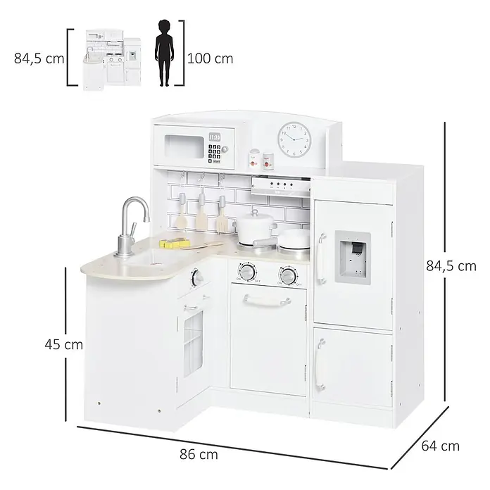Homcom Matschküche Spielküche mit elektronischem Wasserspender - Holz, Weiß - Weiße L-förmige Spielküche aus Holz mit Spüle, Herd, Backofen, Mikrowelle und Kühlschrank für Kinder.
