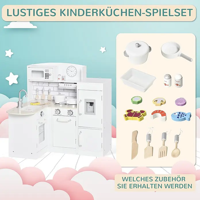 Homcom Matschküche Spielküche mit elektronischem Wasserspender - Holz, Weiß - Weißes Spielküchenset aus Holz mit Spüle, Herd, Ofen, Mikrowelle, Kühlschrank und Zubehör wie Töpfen, Essen und Utensilien.