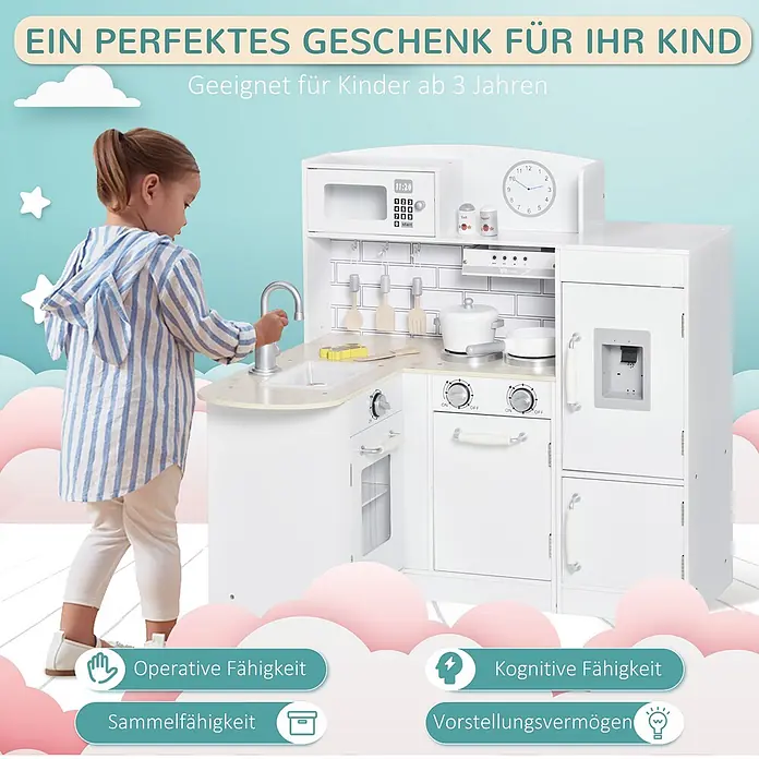Homcom Matschküche Spielküche mit elektronischem Wasserspender - Holz, Weiß - Weiße Spielzeug-Holzküche, mit der ein Kind spielt. Ideal für Rollenspiele.