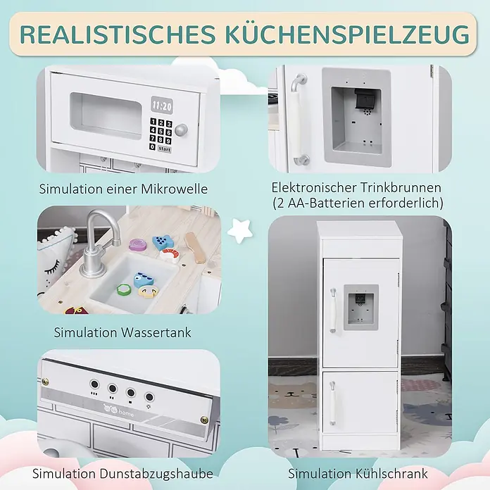 Homcom Matschküche Spielküche mit elektronischem Wasserspender - Holz, Weiß - Weißes Küchenspielzeug aus Holz mit simulierter Mikrowelle, Wasserspender, Spüle, Dunstabzugshaube und Kühlschrank.