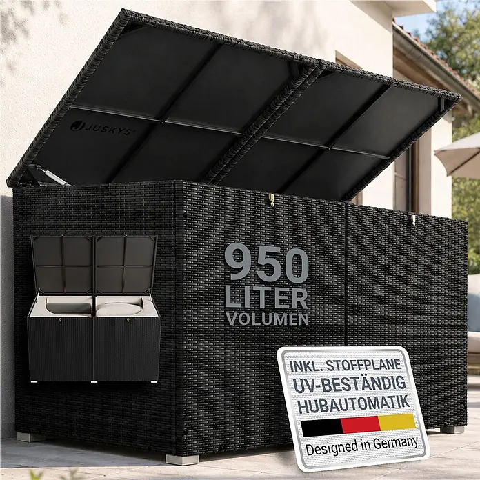 Juskys Garten-Aufbewahrungsbox Ikaria - Schwarz, Kunststoff - Große schwarze Rattan-Gartenbox mit geöffnetem Deckel und 950 Litern Volumen, automatischem Hub.