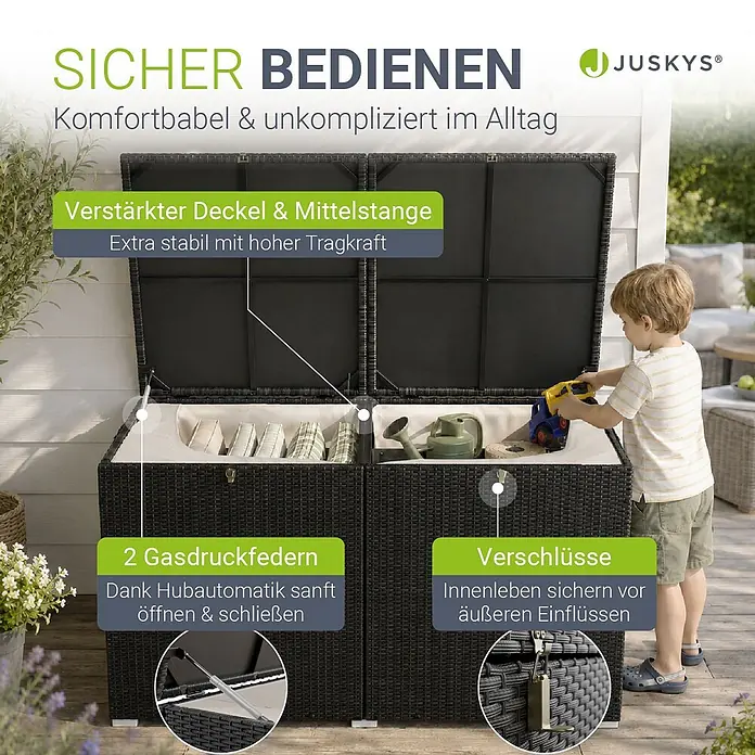 Juskys Garten-Aufbewahrungsbox Ikaria - Schwarz, Kunststoff - Schwarze Rattan-Optik Gartenbox mit kinderfreundlichen Funktionen wie Gasfedern, verstärktem Deckel und Verschlüssen, im Freien genutzt.