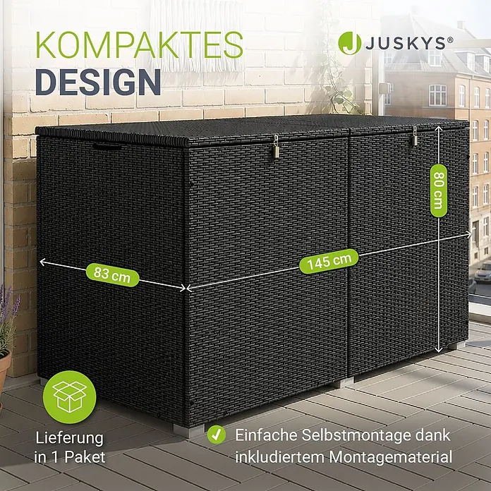 Juskys Garten-Aufbewahrungsbox Ikaria - Schwarz, Kunststoff - Große schwarze Rattan-Optik Outdoor-Aufbewahrungsbox (145x83x80cm) mit kompaktem Design, zwei Fächern.