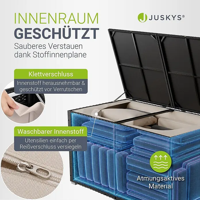 Juskys Garten-Aufbewahrungsbox Ikaria - Schwarz, Kunststoff - Dunkelbraune Rattan-Gartenbox mit hellem, herausnehmbarem, waschbarem und atmungsaktivem Stoffeinsatz zum Schutz des Innenraums.