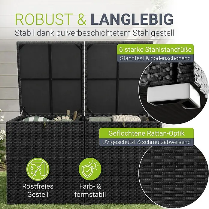 Juskys Garten-Aufbewahrungsbox Ikaria - Schwarz, Kunststoff - Schwarze Gartentruhe in Rattan-Optik mit pulverbeschichtetem Stahlgestell und stabilen Füßen, wetterfest und formstabil.