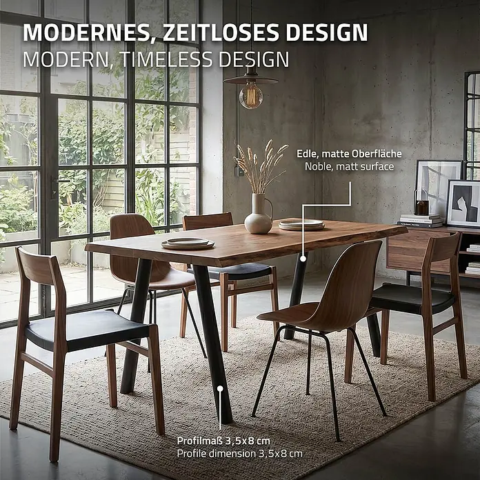 ML-Design Tischgestell Tischfüße A-Form Tischkufen Stahl Untergestell Möbelfüße 60x72cm Flach - L x B x H: 60 x 8 x 72 cm, Traglast: 300 kg, Stahl - Moderner Esstisch aus Holz mit schwarzem Metallgestell in einem stilvollen Esszimmer.