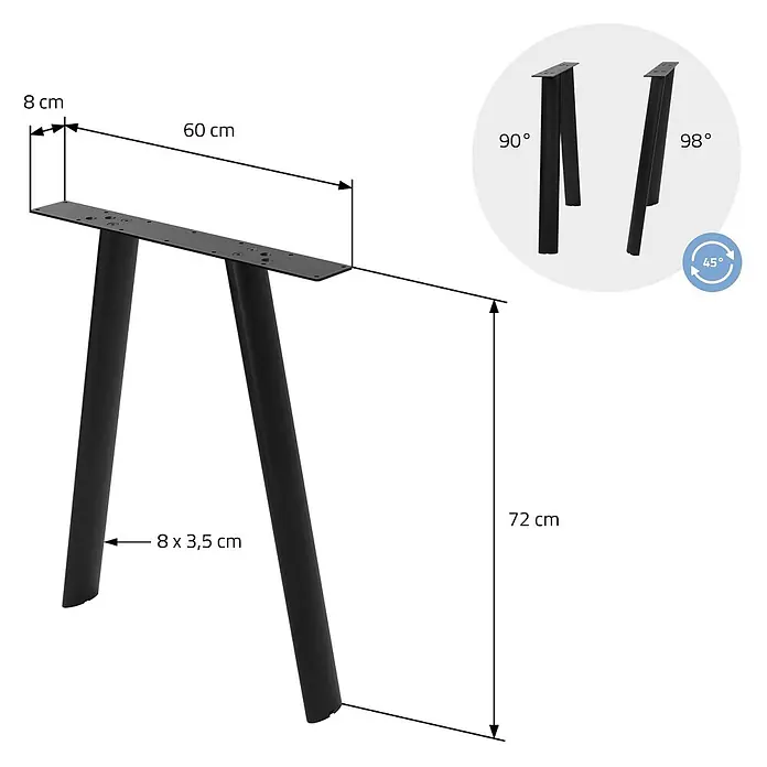 ML-Design Tischgestell Tischfüße A-Form Tischkufen Stahl Untergestell Möbelfüße 60x72cm Flach - L x B x H: 60 x 8 x 72 cm, Traglast: 300 kg, Stahl - Schwarze Metalltischbeine, 72 cm hoch, mit 60x8 cm Montageplatte und 8x3,5 cm Profil, im 90° und 98° Winkel gezeigt.