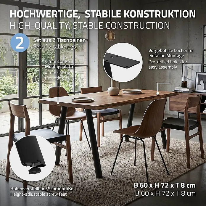 ML-Design Tischgestell Tischfüße A-Form Tischkufen Stahl Untergestell Möbelfüße 60x72cm Flach - L x B x H: 60 x 8 x 72 cm, Traglast: 300 kg, Stahl - Schwarze Tischbeine, 2er-Set, mit 4mm Montageplatte, vorgebohrten Löchern und höhenverstellbaren Füßen.