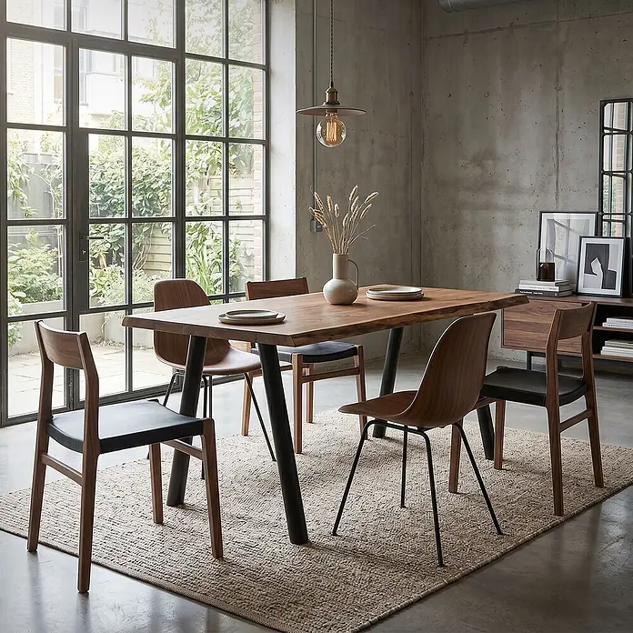ML-Design Tischgestell Tischfüße A-Form Tischkufen Stahl Untergestell Möbelfüße 60x72cm Flach - L x B x H: 60 x 8 x 72 cm, Traglast: 300 kg, Stahl - Ein Holzesstisch mit schwarzen Beinen und Holzstühle mit schwarzen Sitzen stehen auf einem Teppich in einem modernen Esszimmer.