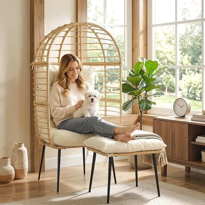 Outsunny Loungemöbel-Set - 2 -tlg., Stahl, PE-Rattan, Beige - Eine Frau entspannt sich in einem natürlichen Rattan-Eiersessel mit cremefarbenen Kissen und schwarzen Beinen, dazu passendem Hocker.