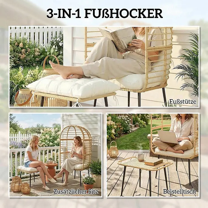 Outsunny Loungemöbel-Set - 2 -tlg., Stahl, PE-Rattan, Beige - Rattan-Optik 3-in-1 Fußhocker mit schwarzem Gestell und cremefarbenem Kissen, als Fußstütze, Beistelltisch und zusätzlicher Sitz gezeigt.