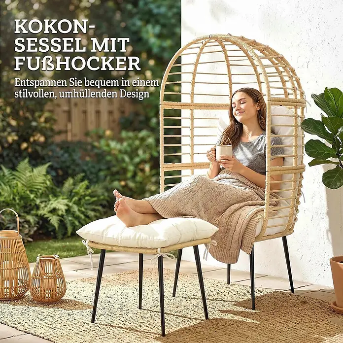 Outsunny Loungemöbel-Set - 2 -tlg., Stahl, PE-Rattan, Beige - Geflochtener Kokon-Sessel mit schwarzen Beinen und weißen Kissen, inklusive Fußhocker. Eine Person entspannt darin im Freien.