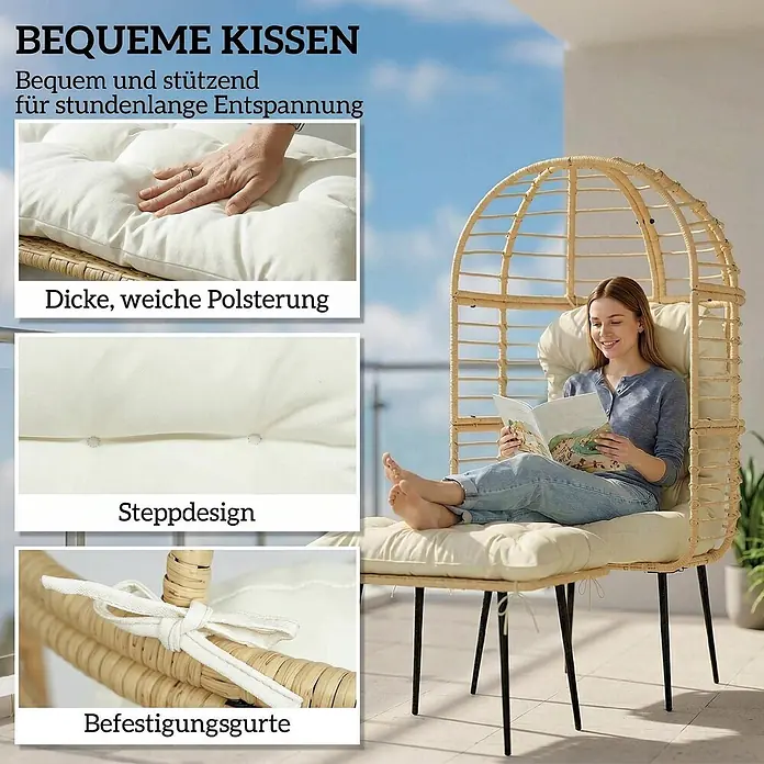 Outsunny Loungemöbel-Set - 2 -tlg., Stahl, PE-Rattan, Beige - Geflochtener Eiersessel mit dicken, getufteten cremefarbenen Kissen, mit Bändern befestigt; eine Frau entspannt sich lesend darin.