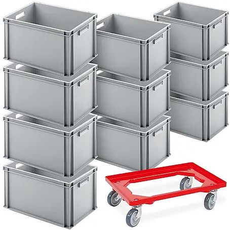 BRB 10er SPAR-Set Euro-Behälter PLUS Transportroller, 60x40x32 cm Industriequalität lebensmittelecht grau