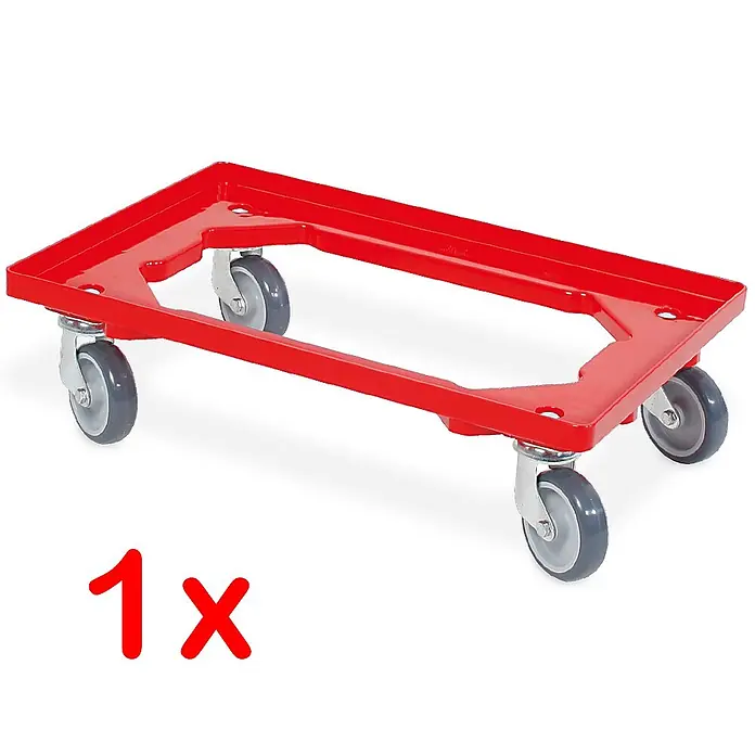 BRB Euroboxen-Set - L x B x H: 60 x 40 x 32 cm, Kunststoff, rot/rot, 11 Stk. - Roter Kunststoff-Transportroller mit vier grauen Lenkrollen.