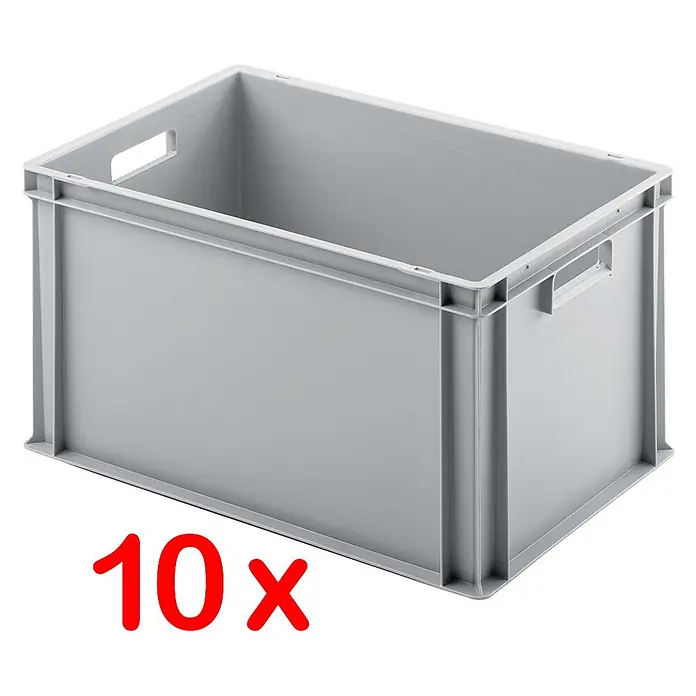 BRB 10er SPAR-Set Euro-Behälter PLUS Transportroller, 60x40x32 cm Industriequalität lebensmittelecht grau -  - Graue Kunststoff-Lagerbox mit Griffen, stapelbar und für den Transport geeignet.