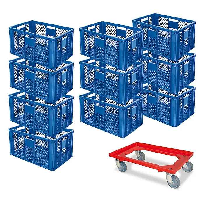 BRB Euroboxen-Set - L x B x H: 60 x 40 x 32 cm, Kunststoff, blau/rot, 11 Stk. - Mehrere blaue Kunststoff-Stapelbehälter mit Gitterseiten und ein roter Kunststoff-Rollwagen zum Transport.