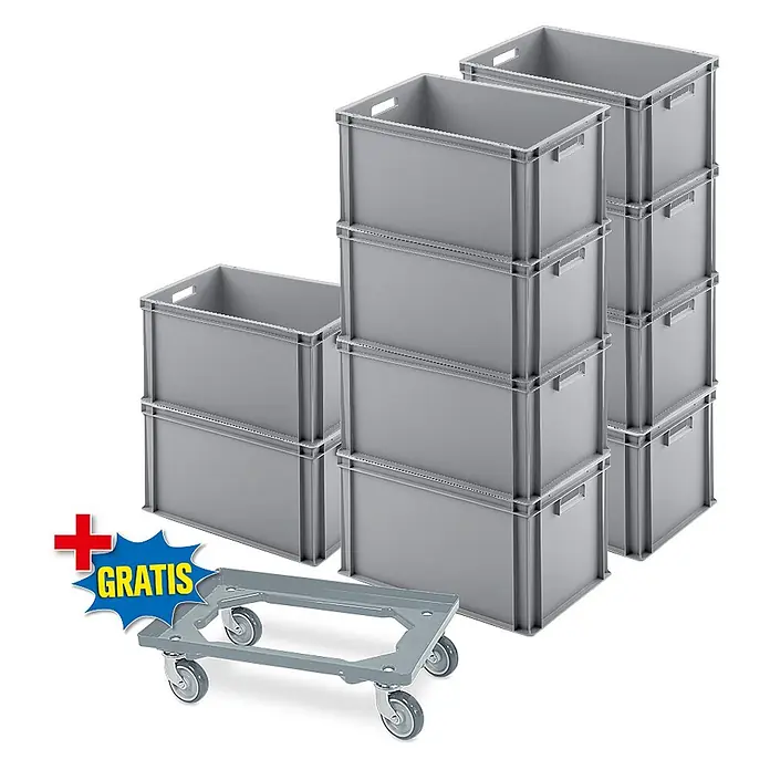 BRB Euroboxen-Set - L x B x H: 60 x 40 x 32 cm, Kunststoff, grau/grau, 11 Stk. - Graue Kunststoff-Stapelbehälter und ein grauer Rolluntersatz, als Bonus angeboten.