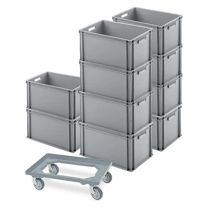 BRB Euroboxen-Set - L x B x H: 60 x 40 x 32 cm, Kunststoff, grau/grau, 11 Stk. - Graue Kunststoff-Stapelbehälter mit passendem Transportroller auf Rädern.