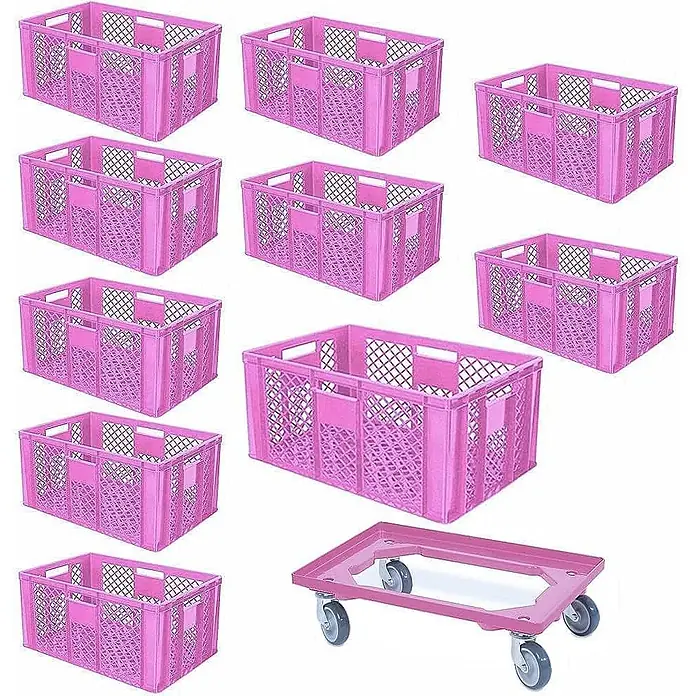 BRB Euroboxen-Set - Kunststoff, pink/pink - Mehrere pinkfarbene Kunststoff-Lagerkisten und ein passender pinkfarbener Rollwagen für einfachen Transport.