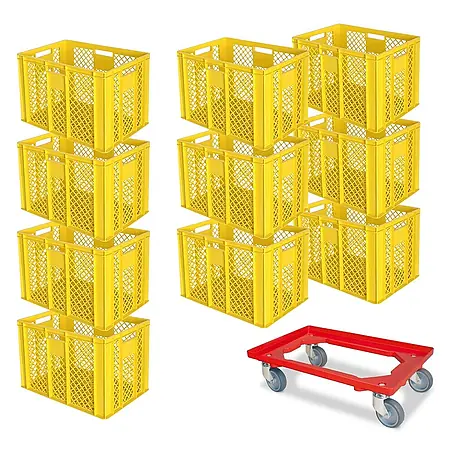 BRB 10er Spar-Set Euro-Stapelbehälter Plus Transportroller, 60x40x41 cm Industriequalität lebensmittelecht gelb