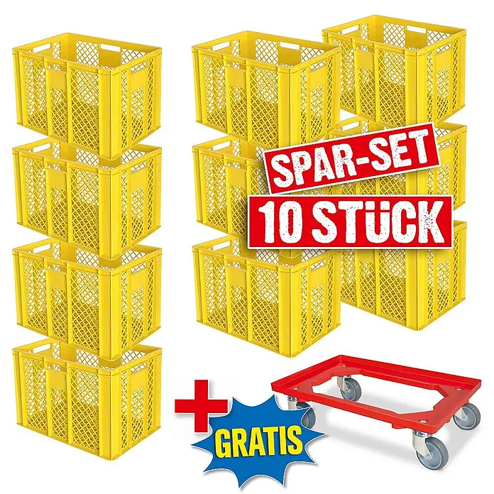 BRB 10er Spar-Set Euro-Stapelbehälter Plus Transportroller, 60x40x41 cm Industriequalität lebensmittelecht gelb -  - Spar-Set mit 10 gelben Kunststoff-Stapelboxen und einem gratis roten Rollbrett.