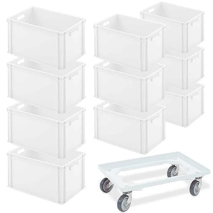 BRB Euroboxen-Set - L x B x H: 60 x 40 x 32 cm, Kunststoff, weiß/weiß, 11 Stk. - Set weiße Kunststoff-Stapelboxen mit passendem Rollbrett zum einfachen Transport.