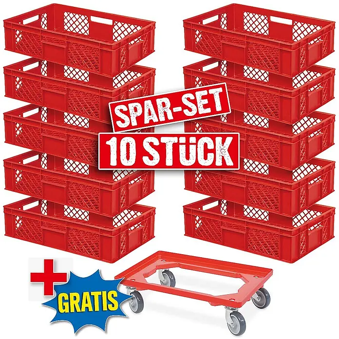 BRB 10 Eurobehälter, LxBxH 60x40x15 cm, Industriequalität, lebensmittelecht rot + 1 Transportroller mit Deck aus bruchsicherem ABS-Kunststoff -  - Zehn rote Kunststoff-Stapelbehälter und ein roter Transportroller mit Rädern. Der Roller ist kostenlos enthalten.