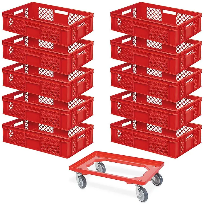 BRB 10 Eurobehälter, LxBxH 60x40x15 cm, Industriequalität, lebensmittelecht rot + 1 Transportroller mit Deck aus bruchsicherem ABS-Kunststoff -  - Zwölf rote Kunststoff-Brotkisten in zwei Stapeln, mit einem roten Rollbrett darunter.