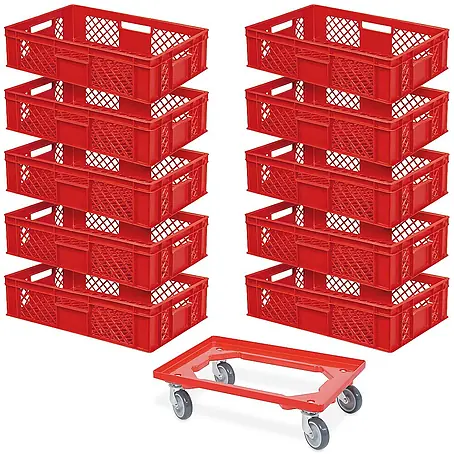 BRB 10 Eurobehälter, LxBxH 60x40x15 cm, Industriequalität, lebensmittelecht rot + 1 Transportroller mit Deck aus bruchsicherem ABS-Kunststoff