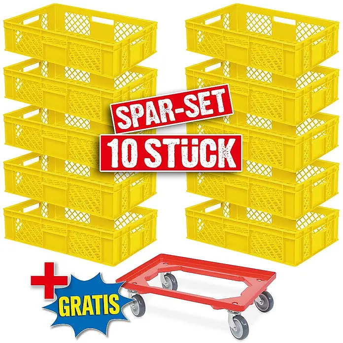 BRB Euroboxen-Set - L x B x H: 60 x 40 x 15 cm, Kunststoff, gelb/rot, 11 Stk. - Spar-Set: 10 gelbe stapelbare Kunststoffkisten mit einem roten Rollwagen als Gratiszugabe.