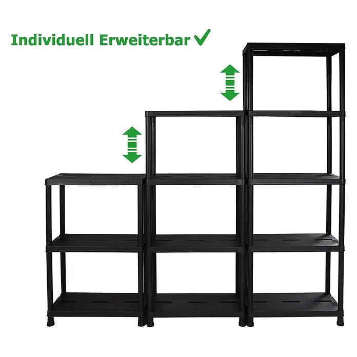 Ondis24 Kunststoffregal - Traglast pro Boden: 30 kg, Anzahl Böden: 5 Stk., Stecken, Anthrazit - Schwarzes modulares Kunststoffregal, individuell erweiterbar und anpassbar.