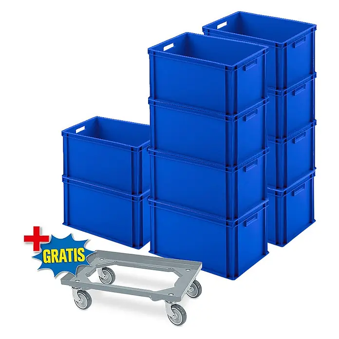 BRB Euroboxen-Set - L x B x H: 60 x 40 x 32 cm, Kunststoff, blau/grau, 11 Stk. - Stapel blauer Kunststoff-Lagerbehälter mit einem grauen Transportroller als Gratis-Zugabe.