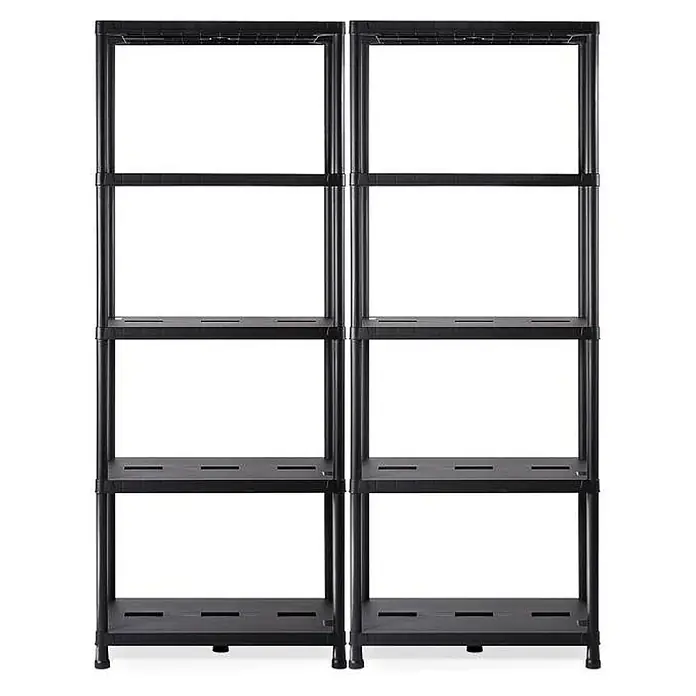 Ondis24 Kunststoffregal - Traglast pro Boden: 30 kg, Anzahl Böden: 5 Stk., Stecken, Anthrazit - Zwei modulare schwarze Kunststoff-Regaleinheiten mit 5 Ablagen.