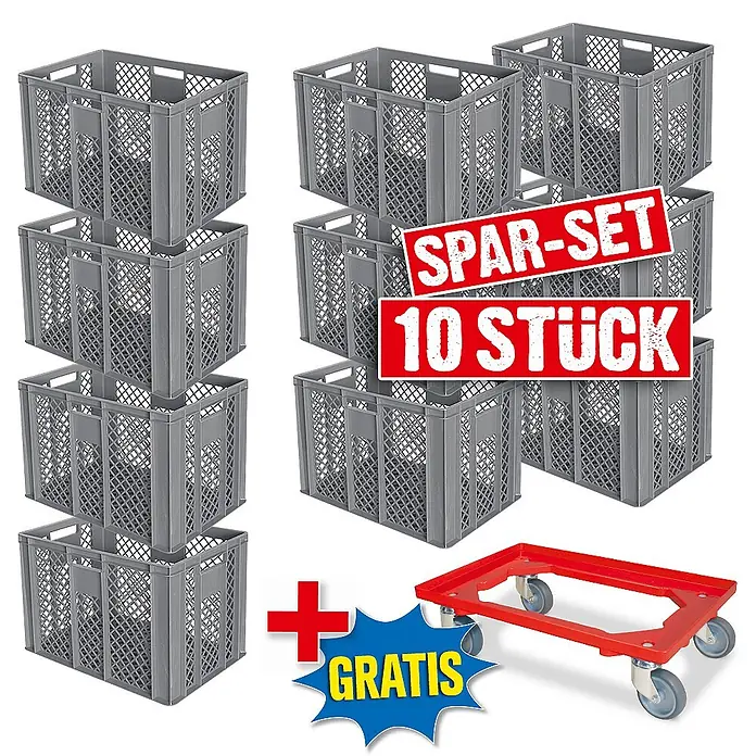 BRB Euroboxen-Set - L x B x H: 60 x 40 x 41 cm, Kunststoff, grau/rot, 11 Stk. - Spar-Set: 10 graue Kunststoff-Lagerkisten mit kostenlosem rotem Transportroller.