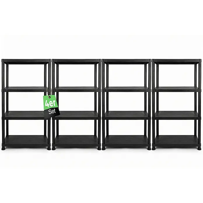Ondis24 Kunststoffregal - H x B x T: 131 x 60 x 30 cm, Traglast pro Boden: 20 kg, Anzahl Böden: 4 Stk., Stecken, Anthrazit - 4er Set schwarzer Kunststoffregale, jedes mit vier Ablagen, für vielseitige Lagerung.