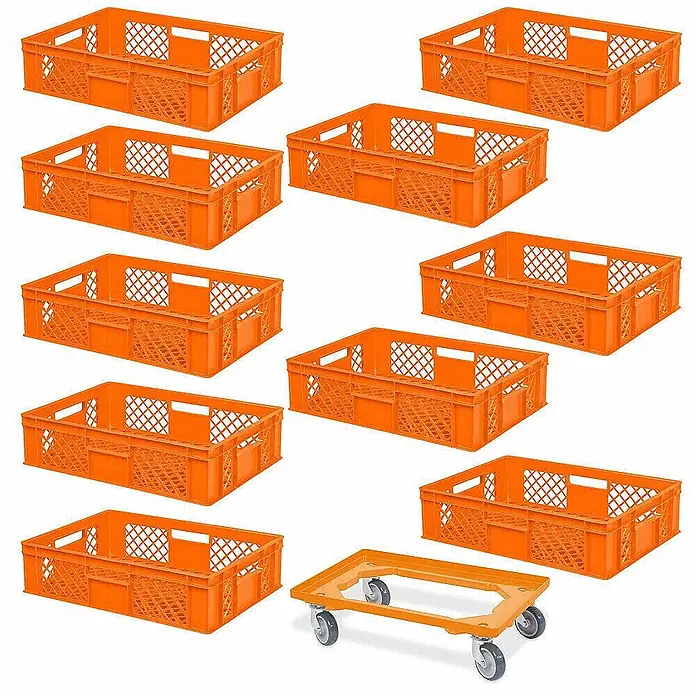 BRB Euroboxen-Set - L x B x H: 60 x 40 x 15 cm, Kunststoff, orange/orange, 11 Stk. - Set aus 10 orangen Kunststoff-Bäckereikörben und 1 passendem Rollbrett.