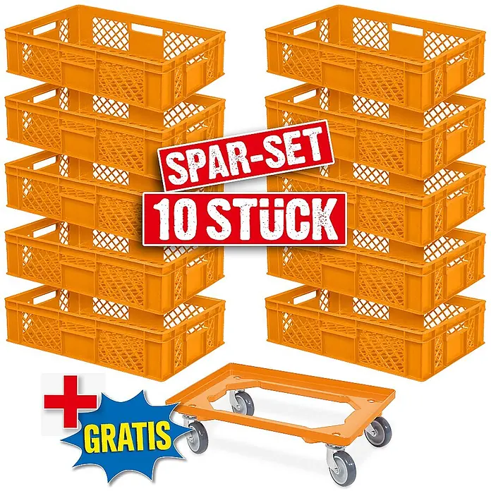 BRB Euroboxen-Set - L x B x H: 60 x 40 x 15 cm, Kunststoff, orange/orange, 11 Stk. - Oranges Kisten Spar-Set: 10 stapelbare Euro-Behälter mit Gitterstruktur und kostenloser Transportroller.