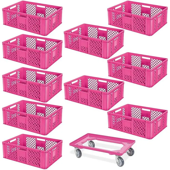 BRB Euroboxen-Set - L x B x H: 60 x 40 x 24 cm, Kunststoff, pink/pink, 11 Stk. - Rosa Kunststoff-Lagerkisten und passender Transportroller.